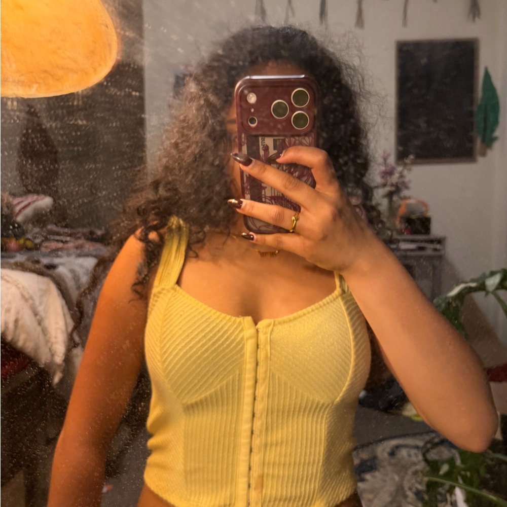 Forever 21 Yellow Ribbed Hook-Front Crop Camisole